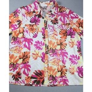 Womens Linen Blend Short Sleeve Shirt 2X Abstract Artsy Art Dopamine Pockets tab